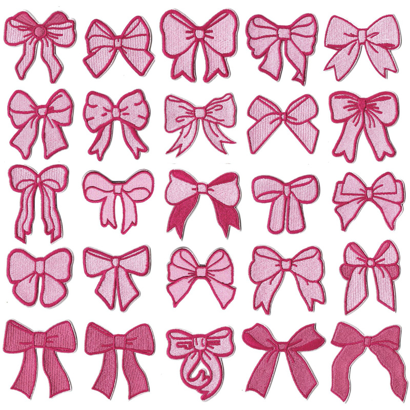 新款爆款刺绣粉色蝴蝶结系列服装辅料补丁布贴 跨境电脑绣花章仔