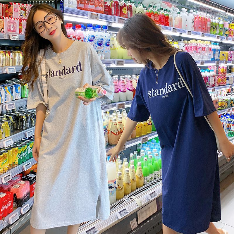 Korean Style Plus-Size Dress for Women Summer 100kg Versatile Loose Short-Sleeve Long T-Shirt Dress Maternity Lazy Dress Trendy Korean Style Plus-Size Dress for Women Summer 100kg Versatile Loose Short-Sleeve Long T-Shirt Dress Maternity Lazy Dress Trendy