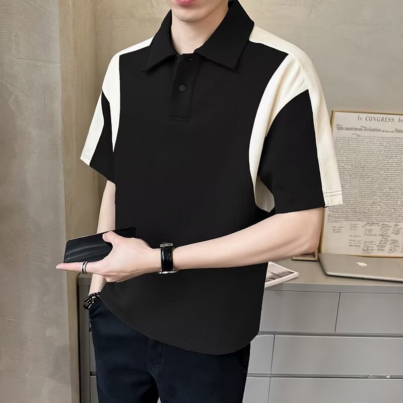 Trendige Kurzarm-Poloshirts im Patchwork-Stil für Herren – vielseitig, locker geschnitten, aus schwerem, atmungsaktivem Baumwollmischgewebe_voghion.com
