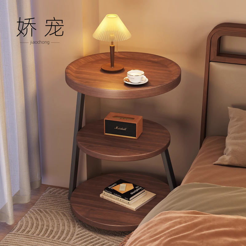 中古风床头柜沙发边几卧室家用小户型床边多层圆形床头置物架|undefined