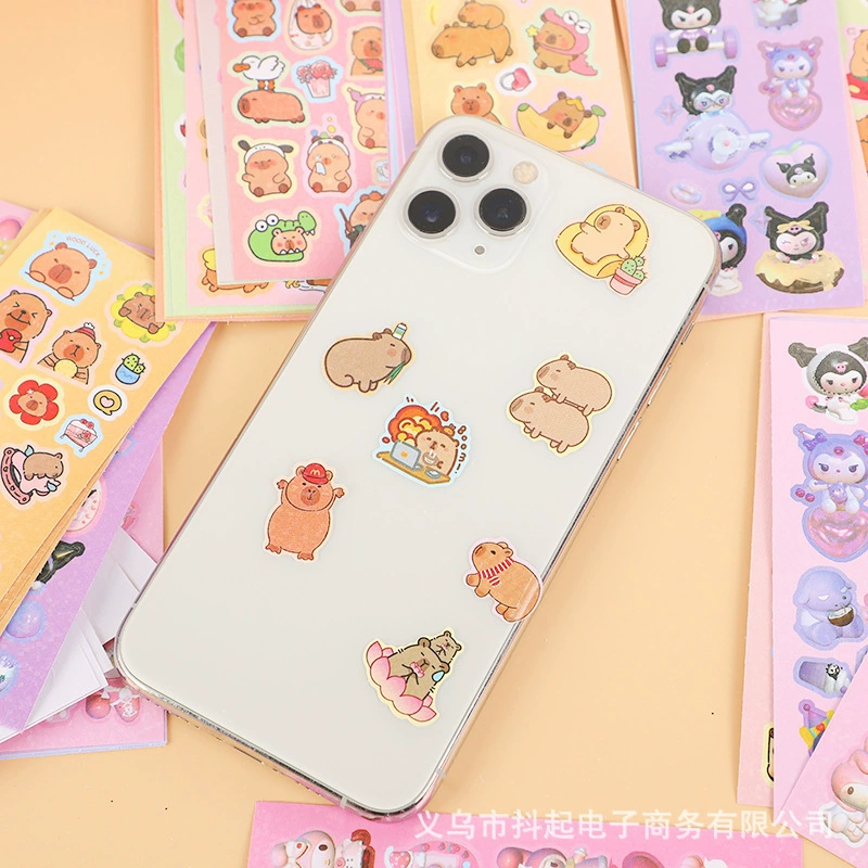 Наклейка Sanrio Gu Kapa, милая лазерная плёнка, капибара, творческая DIY-наклейка для детей, мультяшный персонаж