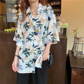 海边度假短袖花衬衫女夏威夷超仙洋气沙滩花衬衣复古港味bf风上衣
