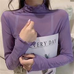 女性用メッシュレース春秋レイヤードボトリングシャツ、薄手の長袖ハイカラー日焼け止めインナー、無地長袖、スタイリッシュなトップバンドル