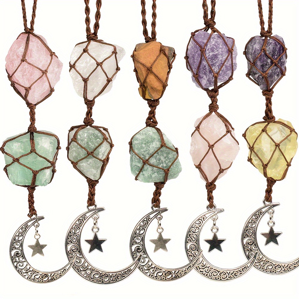 天然紫水晶粉晶 手敲原石挂件 星月挂坠 手工彩色编织汽车挂饰