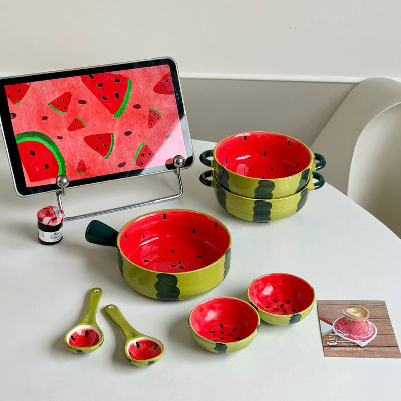 High-Appearance-Value Watermelon Fruit Bowl and Plate Creative Ceramic Tableware Set, Creative and Unique Fruit-Themed Internet-Famous Eating Bowls, Plates, and Spoons High-Appearance-Value Watermelon Fruit Bowl and Plate Creative Ceramic Tableware Set, Creative and Unique Fruit-Themed Internet-Famous Eating Bowls, Plates, and Spoons