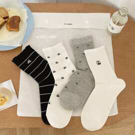 25年秋冬款米若克539黑白灰条纹刺绣樱桃舒适精梳棉女士袜子批发