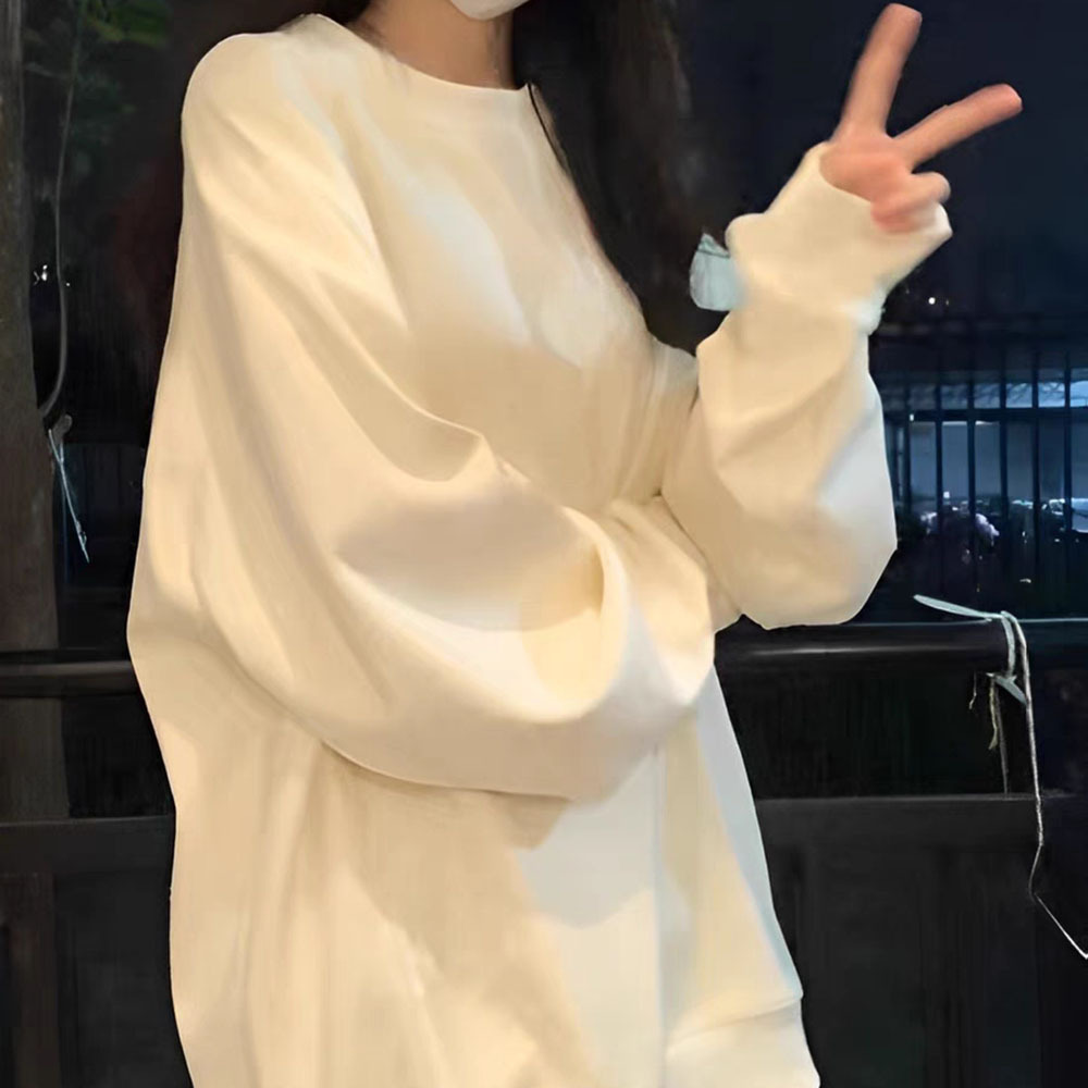 2025春秋日韩新款圆领卫衣女春秋季内搭宽松纯色白打底衫衣服卫衣