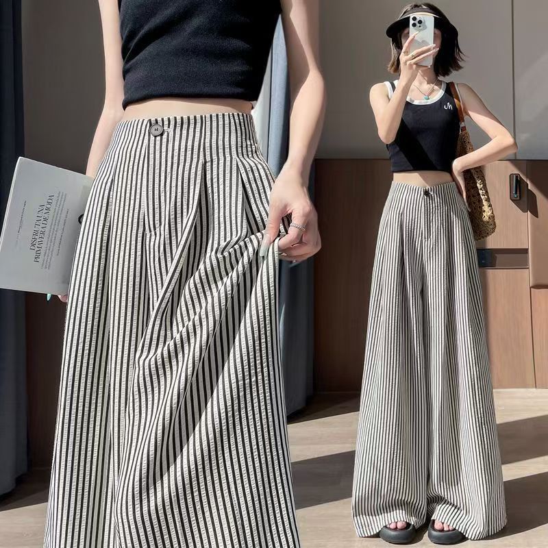 New 2025 Women's Summer High-Waisted Pants, Lazy Loose Thin Casual Striped Straight Pants, Slimming