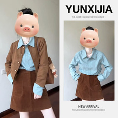 韩里韩气穿搭套装女2025早秋季气质短款外套内搭衬衫半身裙三件套