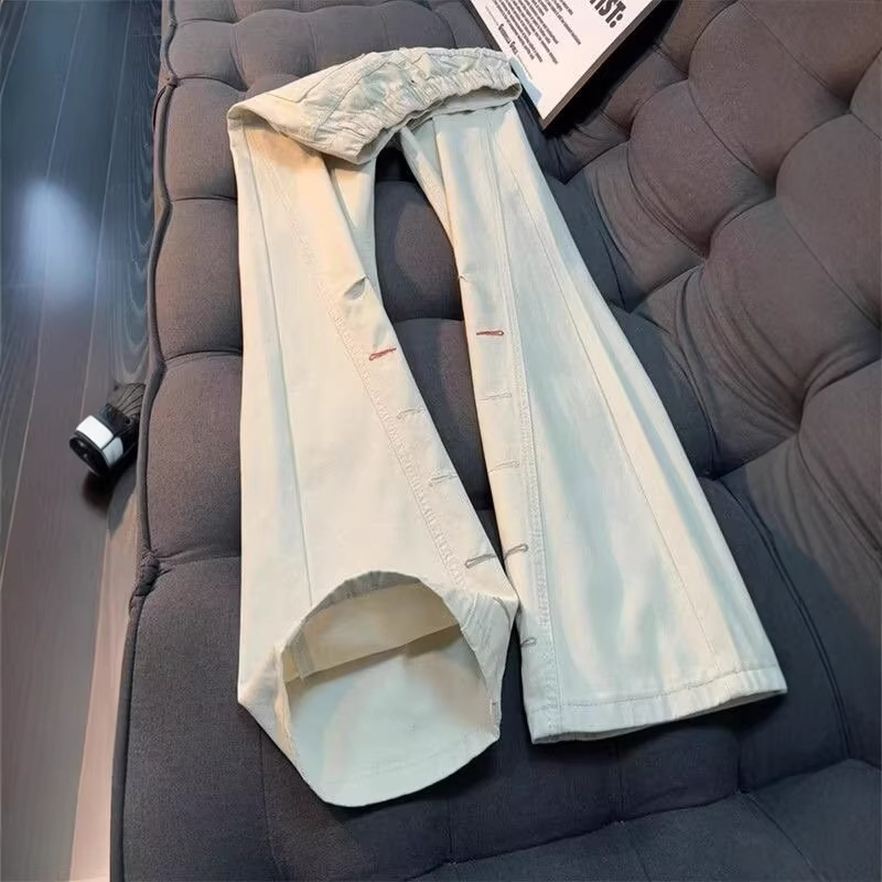 American Embroidered Micro-pull Jeans Men's Spring Trendy Brand Design Sense Diagonal Pants Loose Slim Straight Trousers_mkmklike.com