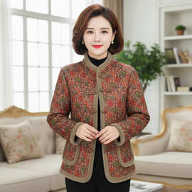 中老年复古提花夹棉外套女立领盘扣保暖短款妈妈装加绒加厚冬上衣