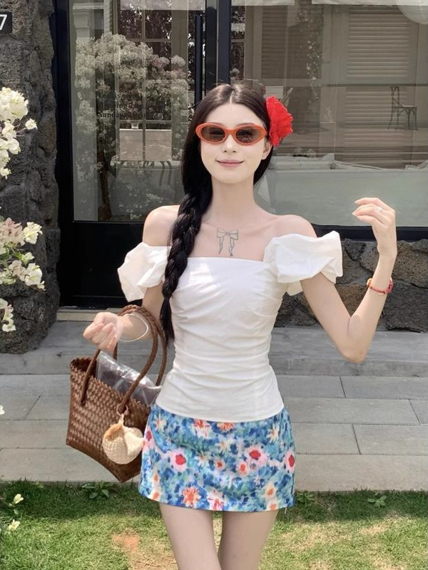 甜辣套装一字肩衬衫法式短款上衣女夏季复古碎花半身裙短裙两件套|undefined