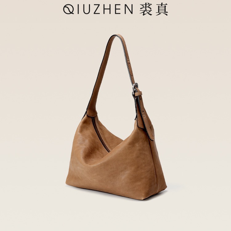 (2개) QIU ZHEN UNDERARM HOBO BAOTOU 레이어 야채 태닝 된 COWHIDE COMMUTER 백 캐주얼 가죽 만두 백 여성용