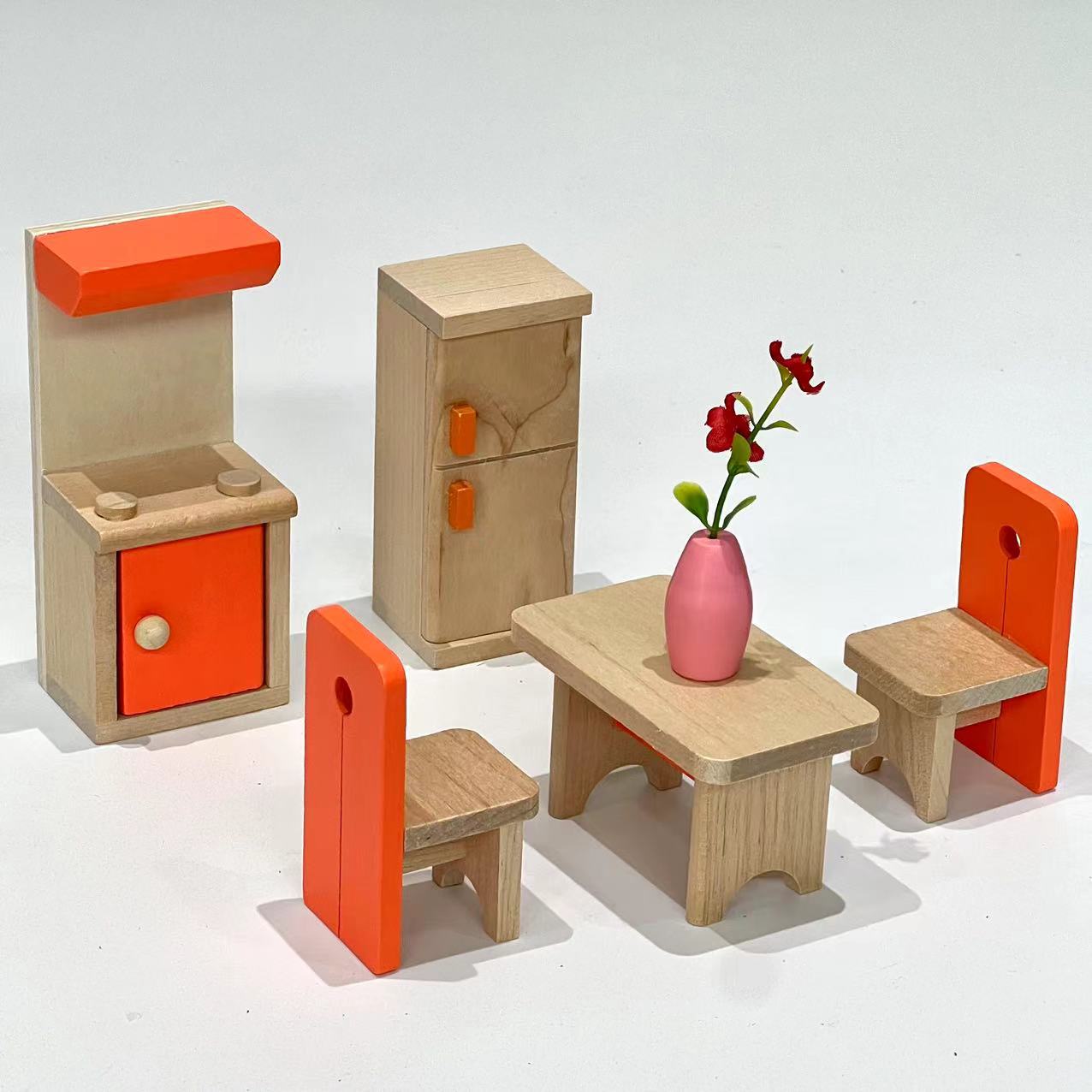 Mini conjunto completo familia juguetes de madera niños jugar casa linda simulación muebles pequeños traje noche mercado juguetes pequeños