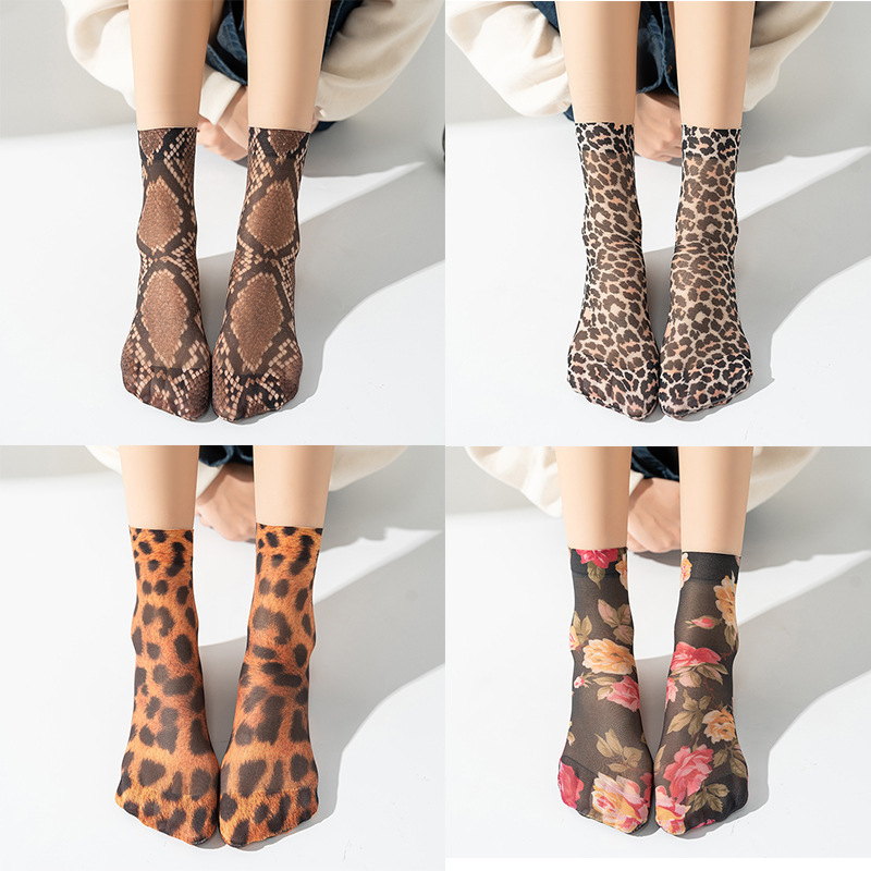 New Ins Socks for Women, Printed Leopard Print Stockings, Mid-Calf Socks, Snake Print Summer Shoes, High Elasticity, Breathable, Ultra-Thin Socks