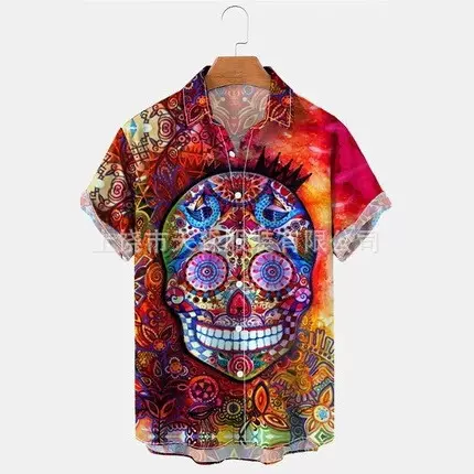 2024亚马逊独立站男士翻领短袖欧式复古笑脸印花夏日设计新款衬衫