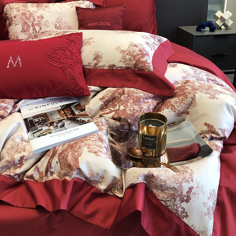 Wedding four-piece set, 100 pieces of long-staple cotton digital printing, double-sided pure cotton duvet cover and bed sheet, hotel-style product feel