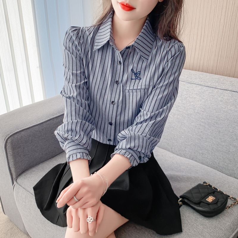 가을과 겨울 2024 새로운 기모 두꺼운 줄무늬 셔츠 여성용 긴 소매 자수 여성용 셔츠 캐주얼 탑 웨스턴 스타일