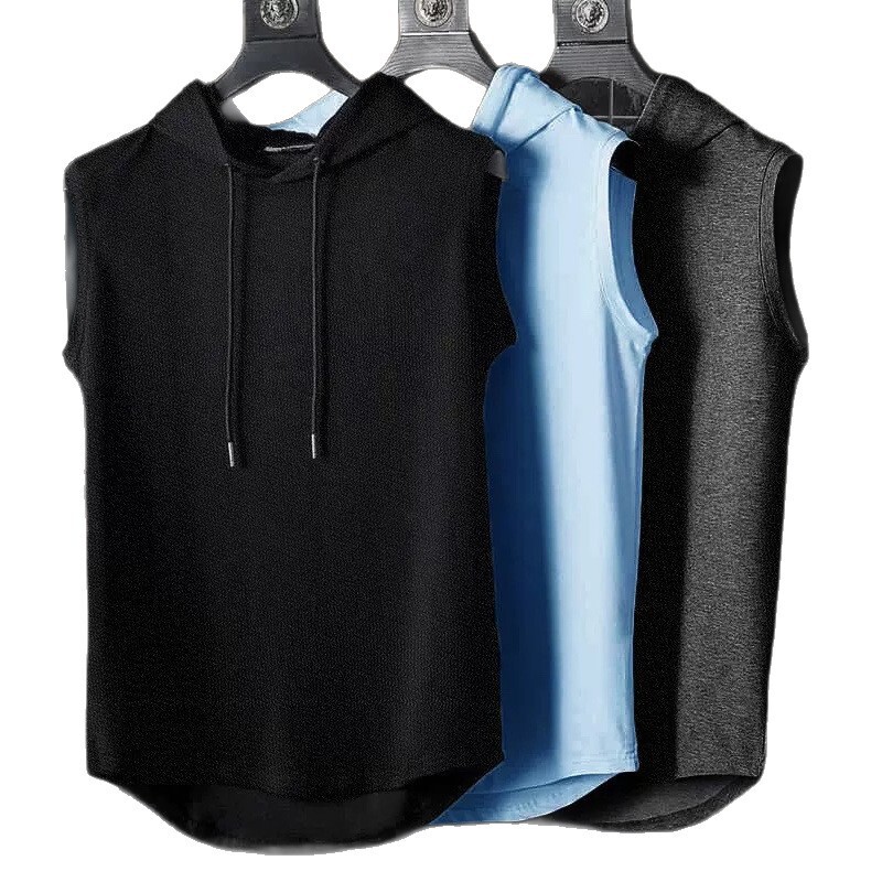 New Sleeveless Vest Top Men's Casual T-Shirt Solid Color Hooded Sweatshirt Lace-Up T-Shirt Hip Hop Men's Sweatshirts
