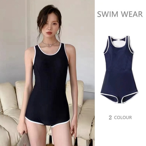Fast-drying Korean style ins conservative one-piece swimsuit for women with small breasts slimming sports simple boxer-style swimsuit hot spring vacation 