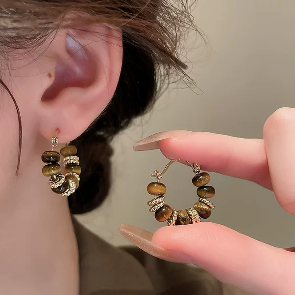 New Maillard Tiger Eye Stone Beaded Earrings Niche Design High-End Exquisite Temperament Versatile Earrings for Women