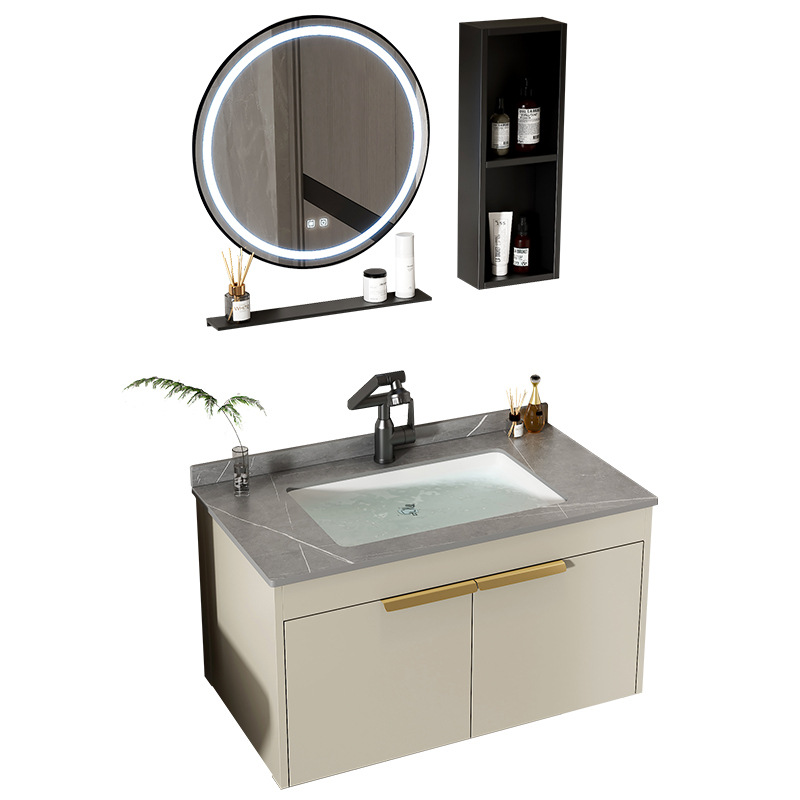 gabinete de baño de aluminio de roca espacial lavabo cerámico todo en uno lavabo lava