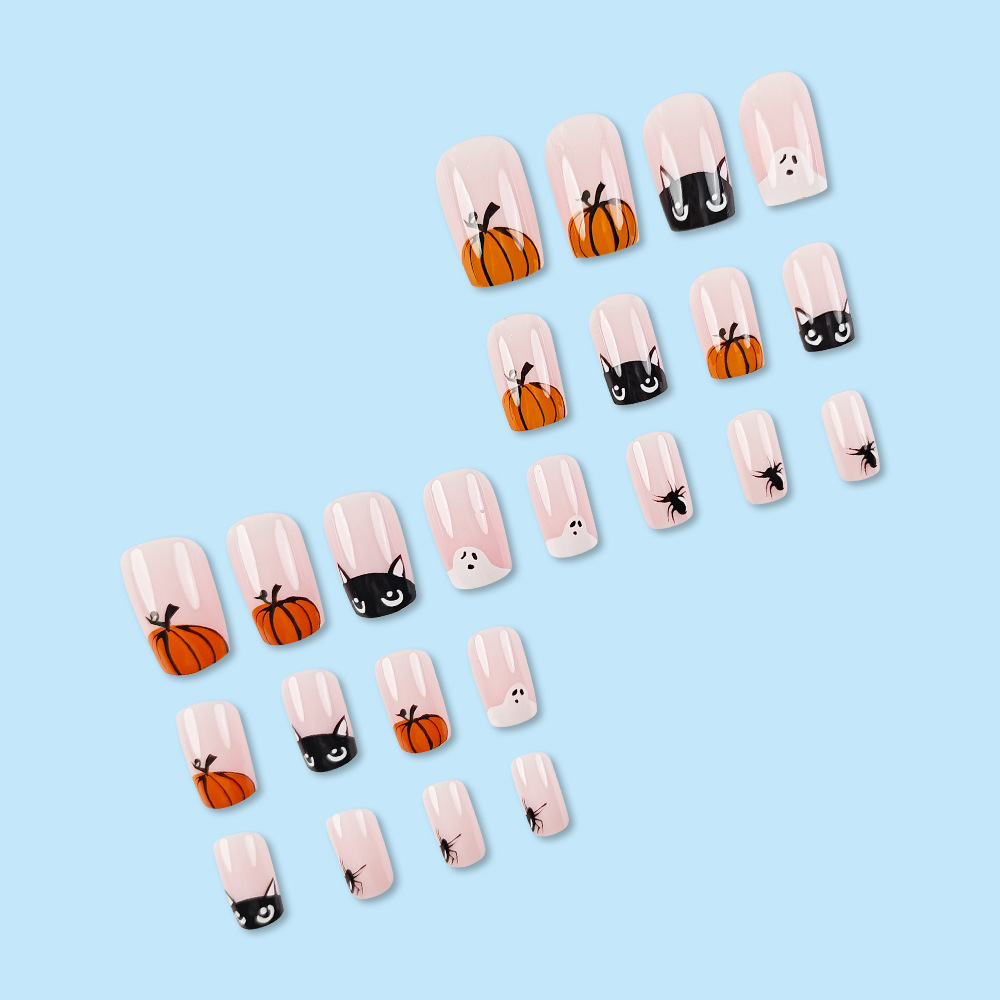 Halloween simple manicure rosa encantador fantasma calabaza uña falsa de dibujos animados gatito usar uñas ventas transfronterizas calientes