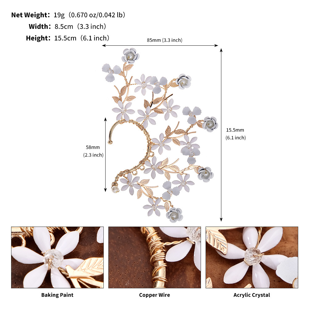 Retro Earrings,Alloy Flowers And Leaves,Ear Bone Clips,Niche High-end Non-pierced Earrings,Elf Ear Hangings For Women