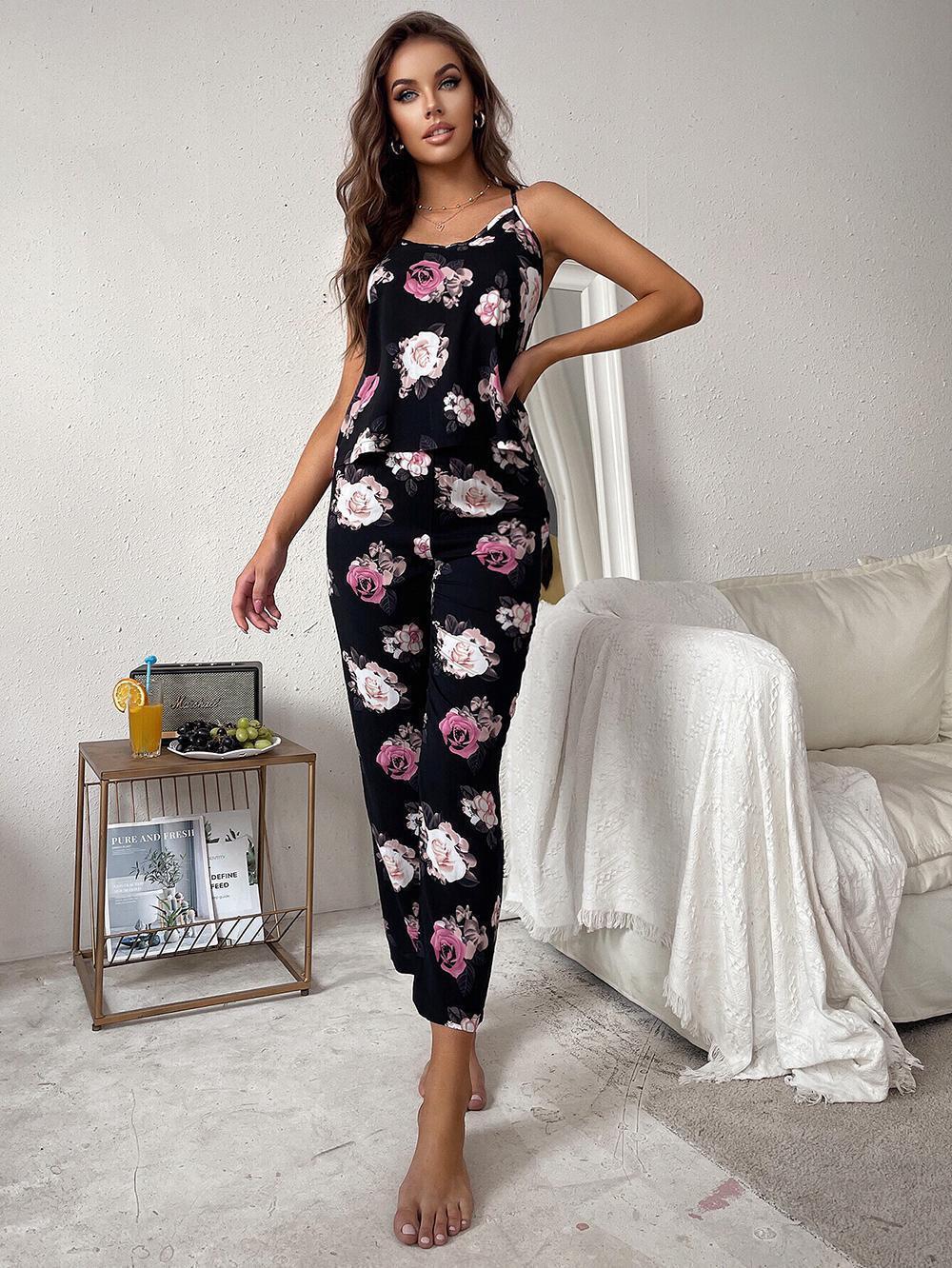 sleeveless slim high waist flower print tops trousers Loungewear-Can be worn outside NSWFC130759