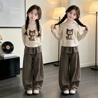 女童秋季套装跨境2026新款儿童长袖打底衫中大童屁帘弯刀裤两件套
