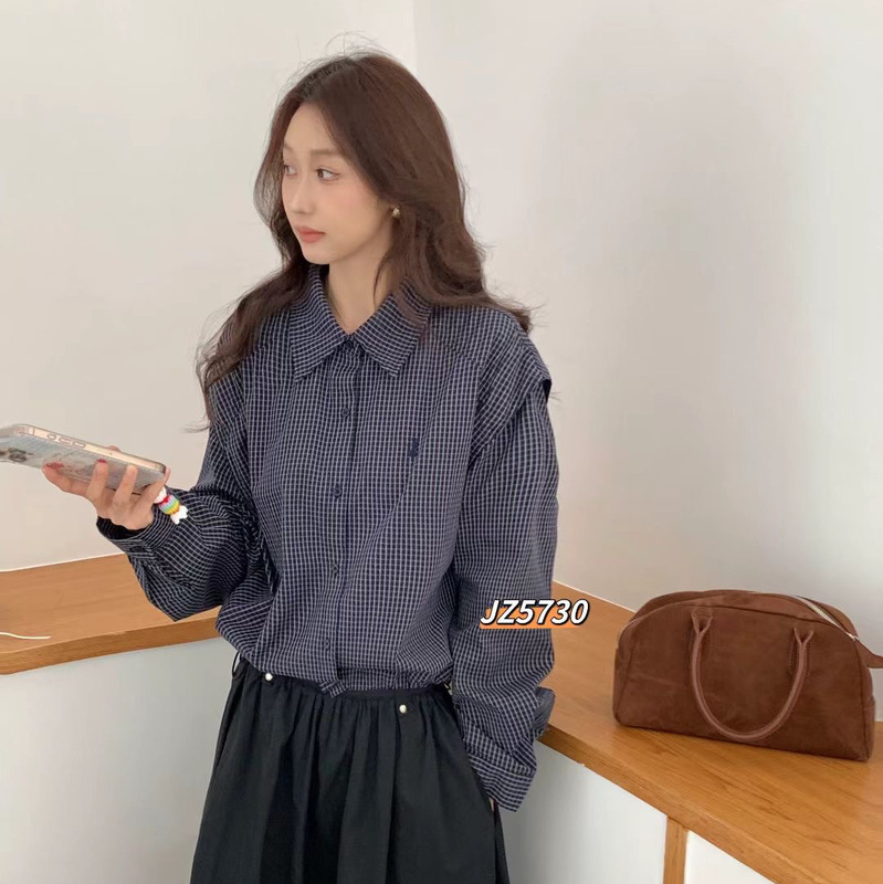 格子长袖衬衫 2025秋季新款 时尚翻领衬衣女韩版抽绳下摆上衣5730|undefined