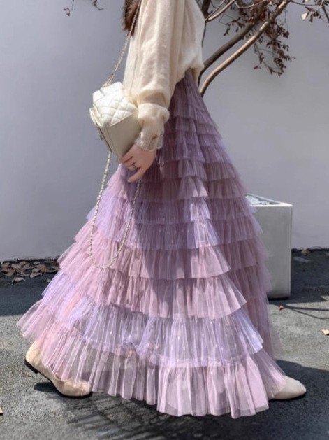 优雅紫超仙网纱蛋糕裙重工层次感仙女裙女秋冬高腰显瘦大摆半身裙|undefined
