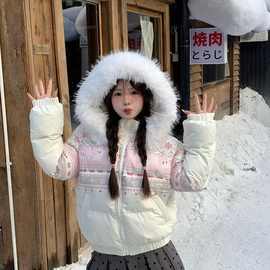 2025冬季新款韩系甜美可爱风白色毛领加厚保暖氛围感羽绒连帽外套