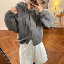 韩系加厚纯色连帽毛衣外套女复古秋冬新款显白百搭慵懒针织衫上衣
