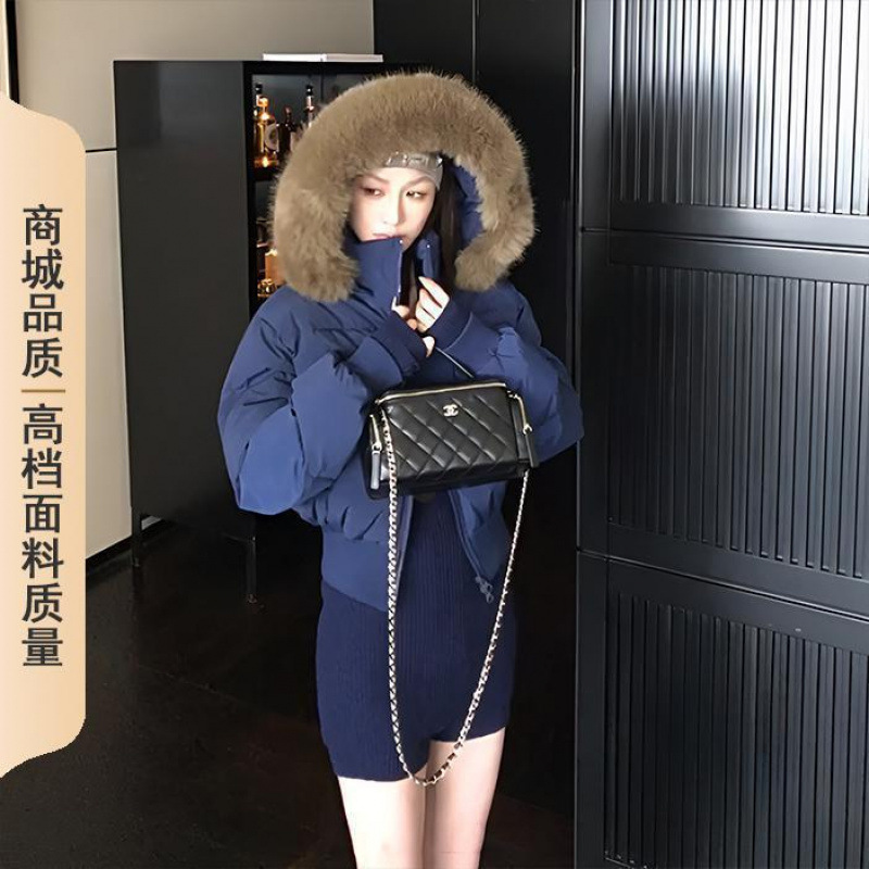 美式复古驼色冬季毛领连帽羽绒棉服女收腰加厚保暖短款面包服外套|undefined