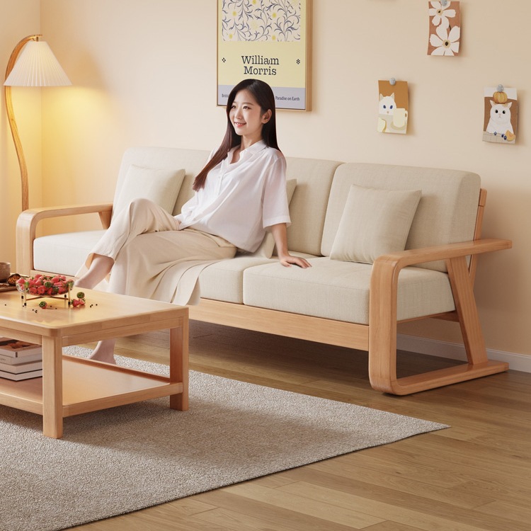 Bear Furniture Solid Wood Sofa Small Apartment Simple Modern Three-Seat Sofa Living Room All Solid Wood New Sofa Bed