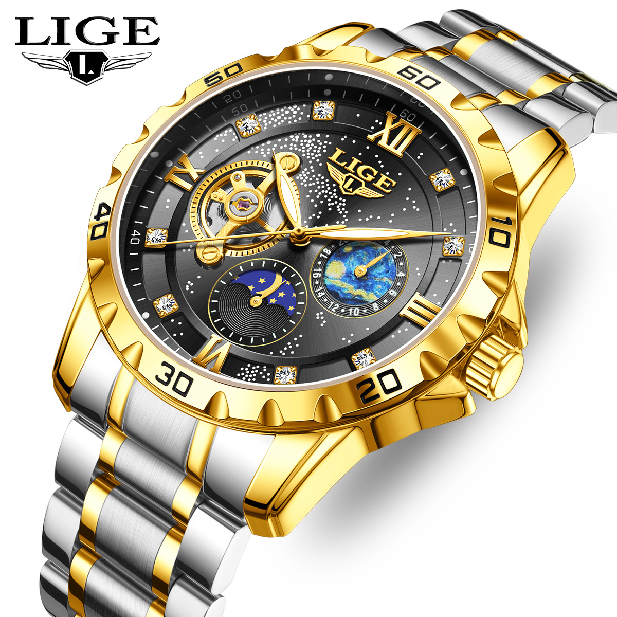Lige/Lige New Fully Automatic Mechanical Watch Steel Belt Men's Luminous Waterproof Multi-Function Watch