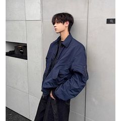 美式复古藏青色工装外套男款潮牌小众设计感高街棒球服飞行员夹克