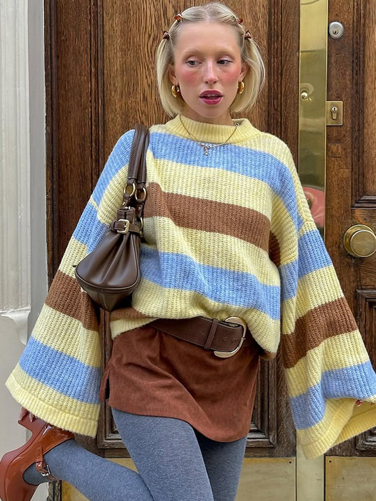 La moda perezosa de estilo universal de ropa exterior suéter a rayas de color contrastante 2025 nuevo otoño y invierno transfronterizo estilo europeo y americano