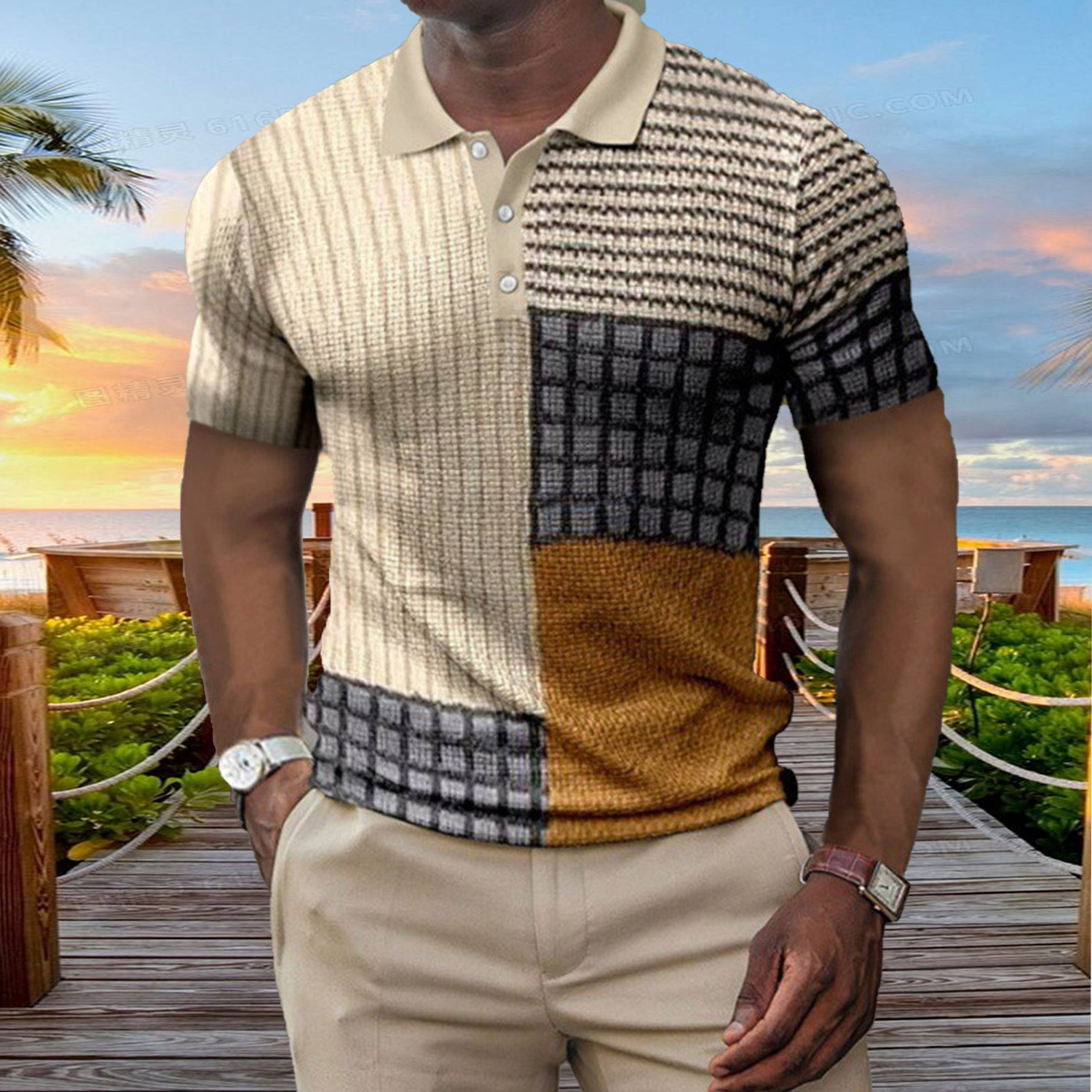 European and American cross-border independent station 3D digital pattern men's lapel short sleeve casual trend hot selling POLO pullover