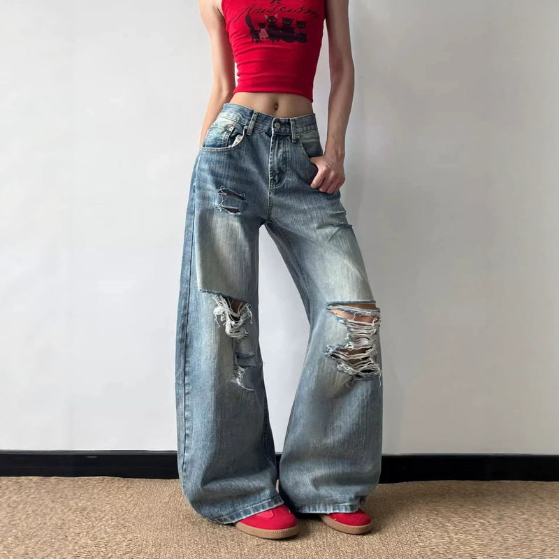 American-style ripped jeans for petite women, straight loose wide-leg jeans, slimming wide-leg pants for women American-style ripped jeans for petite women, straight loose wide-leg jeans, slimming wide-leg pants for women