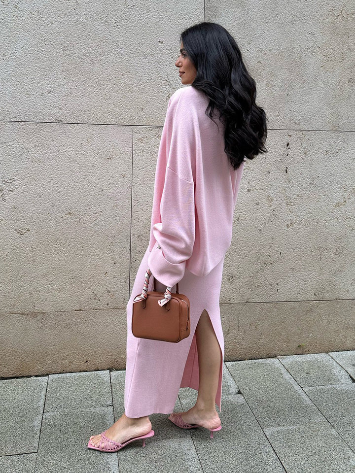 Set 3 món nữ gồm áo cardigan dệt kim dài tay, áo hai dây và chân váy dài — Bộ 3 chiếc màu hồng, Bộ 3 món màu nâu, Bộ 3 món mơ