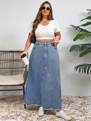 Plus Size Casual Bow Lace Denim Skirt With Fur Edge