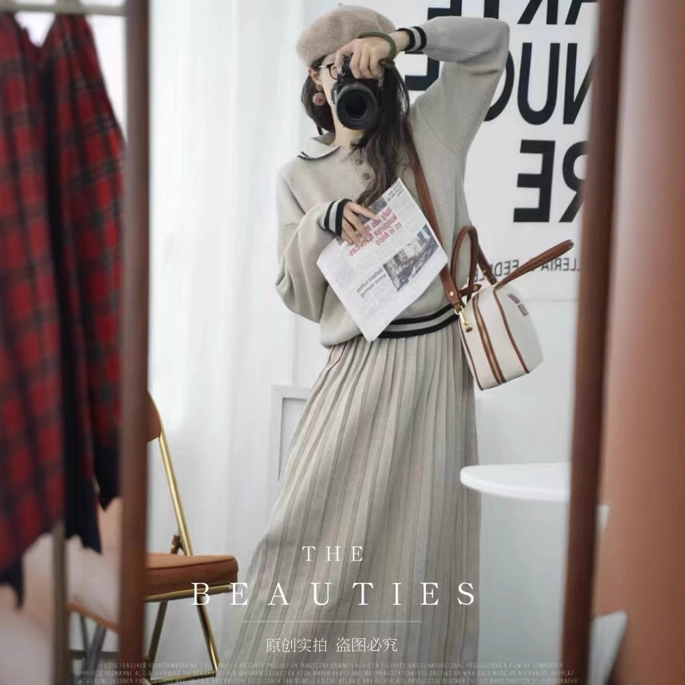 아카데미 스타일 폴로 스웨터 원피스 세트 가을과 겨울 새로운 오트밀 시대를 줄이는 투피스 세트 세트 젠틀