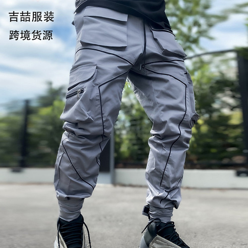 Black Loose Straight Leg Work Pants for Men - American Style, Inset Trendy Hemmed Pants with Drop Waist