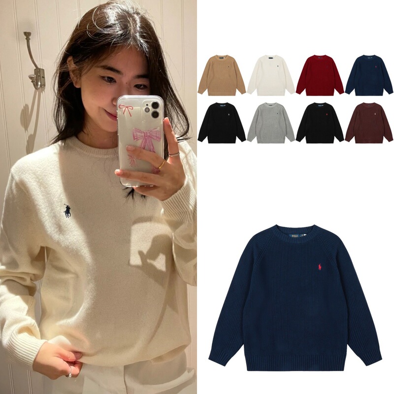 Cross-Border Ralph Lauren Front and Back Embroidered Round Neck Knit Sweater, Autumn and Winter Unisex Warm Solid Color Sweater