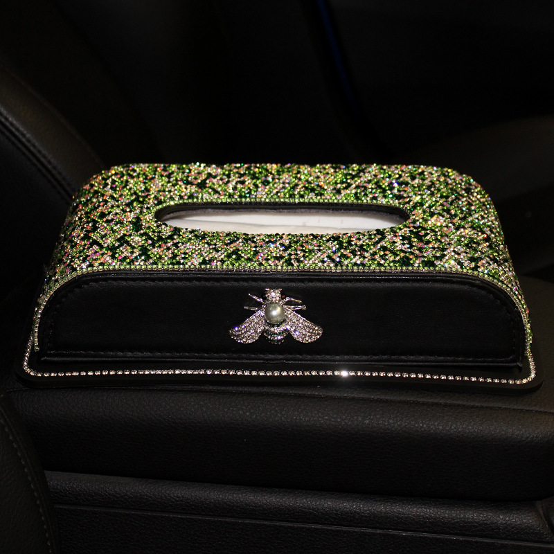 Car-mounted diamond bee cuero asiento caja de toallas para decoración interior de automóviles toallas para automóviles adornos de caja de servillas