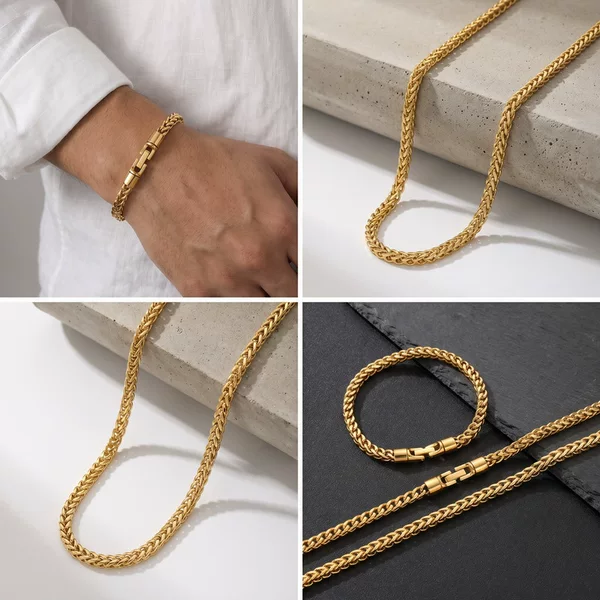 High-End Hip-Hop Necklace with Rotatable Cylindrical Jewelry Clasp, 5mm Reversible Chain, Stress-Relief Stainless Steel Men's Bracelet Set