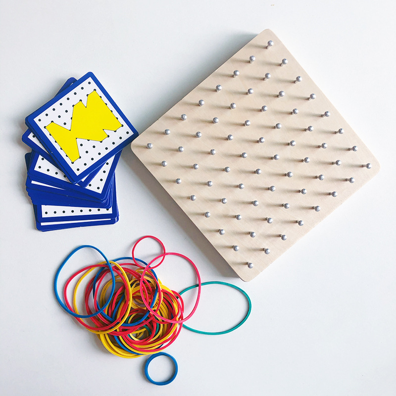 Montessori Teaching Aids Wooden Creative Nail Board Children's Geometry Learning Aids Mathematics Teaching Aids with Rubber Band Card