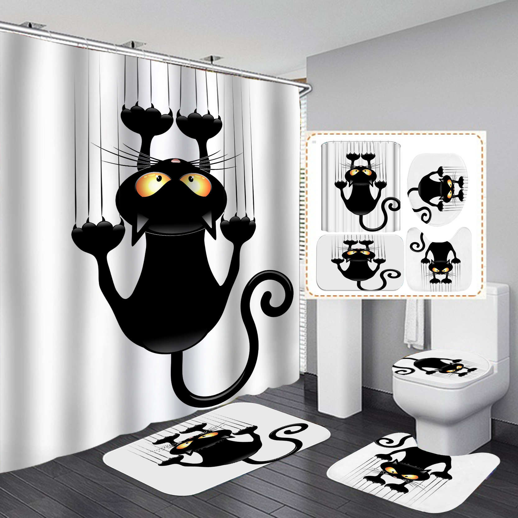Juego de cuatro piezas de cortinas de ducha con diseño de animales, impresión digital, venta al por mayor, suministro directo de comercio exterior, impermeable.